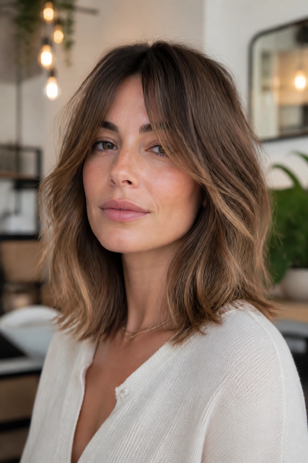 Close-up of a real woman with grown-out shag lob and soft layers.