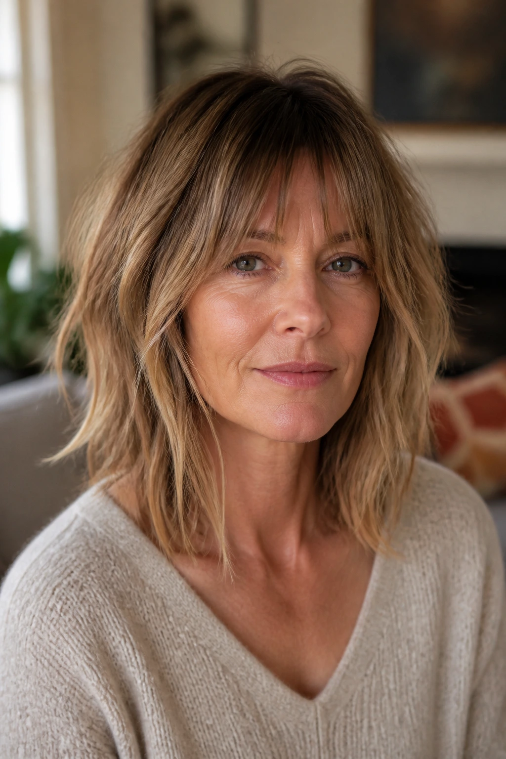 Portrait of a woman with a grown-out shag lob showing piecey ends and light crown lift