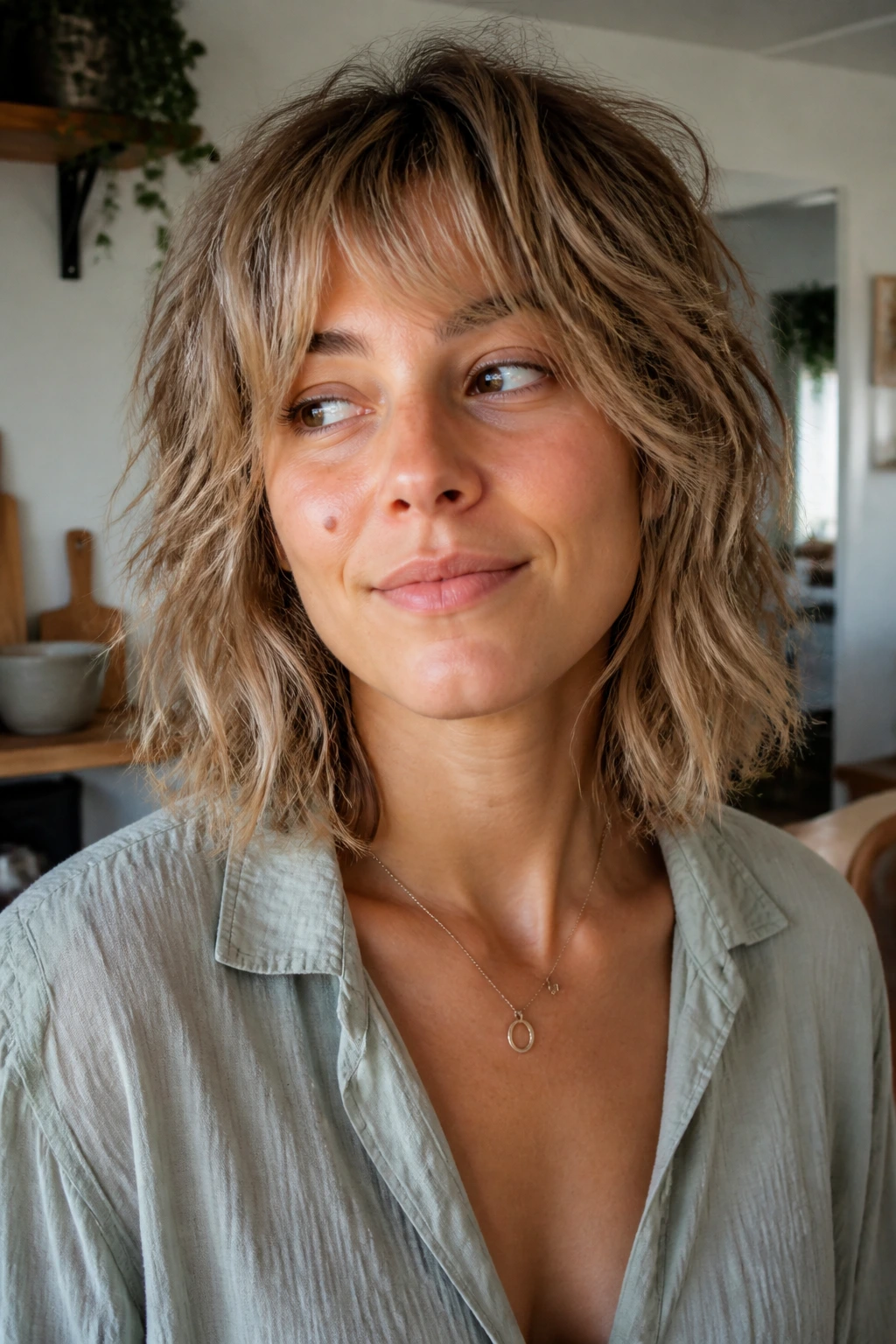 Close-up portrait of a real woman with grown-out shag and collarbone length.