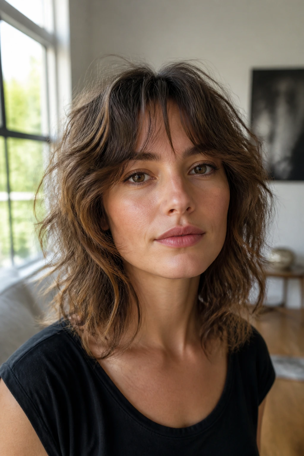 Portrait of a real woman with grown-out shag and soft perimeter in natural daylight