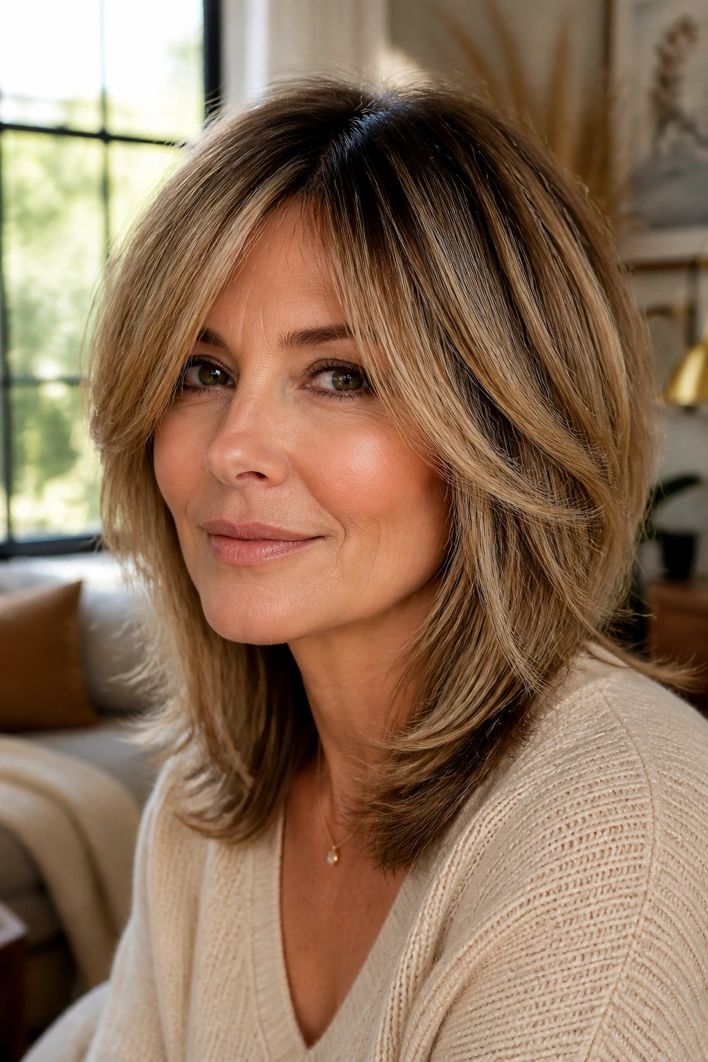 Real woman with grown-out shag and polished ends, natural lighting