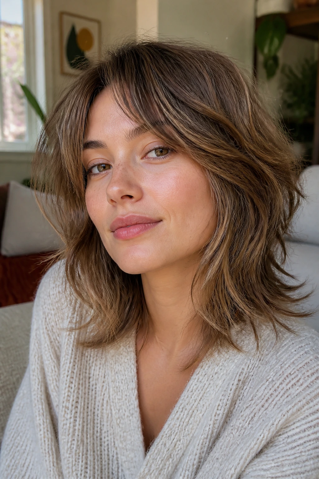 Portrait of a real woman with a grown-out shag blend-friendly hairstyle.