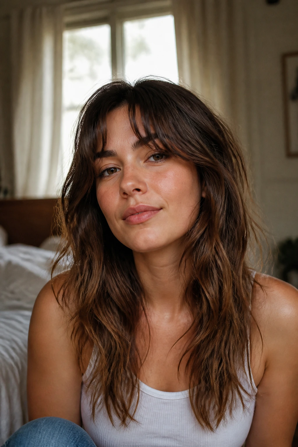 Close-up portrait of a real woman with a grown-out shag hairstyle in natural bedroom light