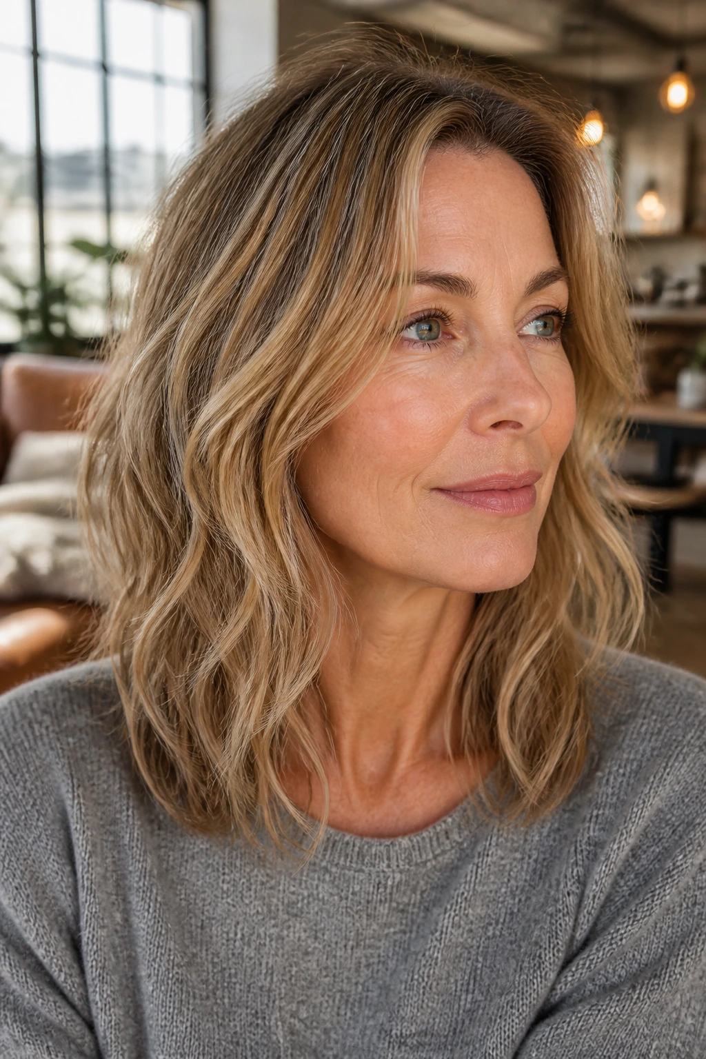 Close-up portrait of a real woman with a grown-out shag and soft framing