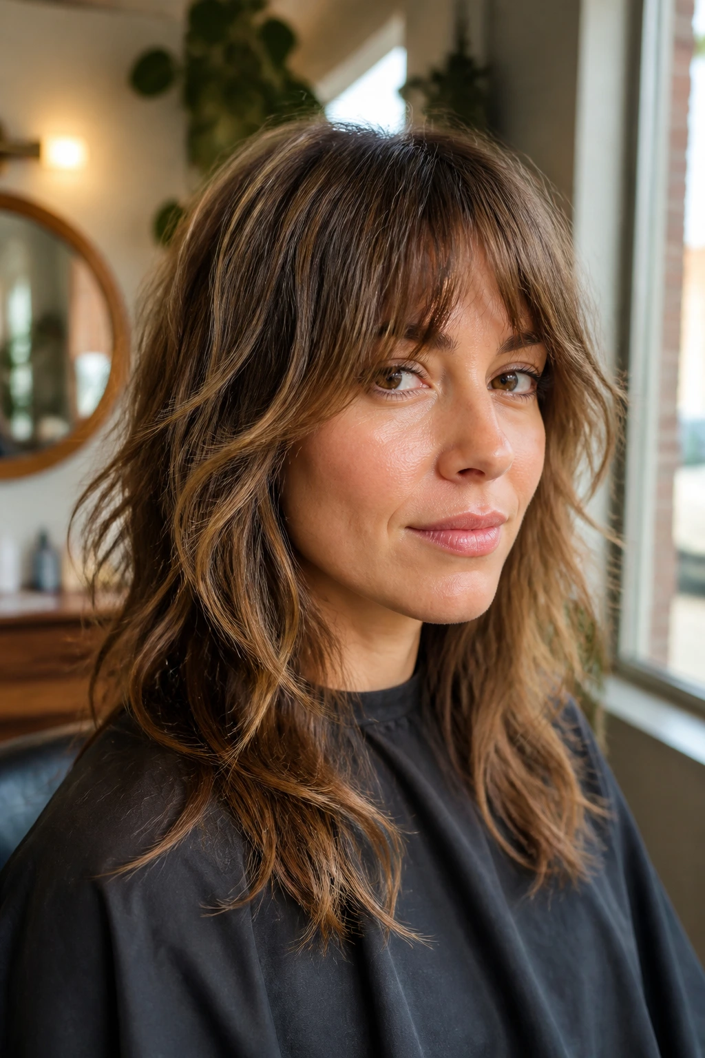 Close-up of a real woman with a grown-out shag and soft fringe, highlighting face-framing layers