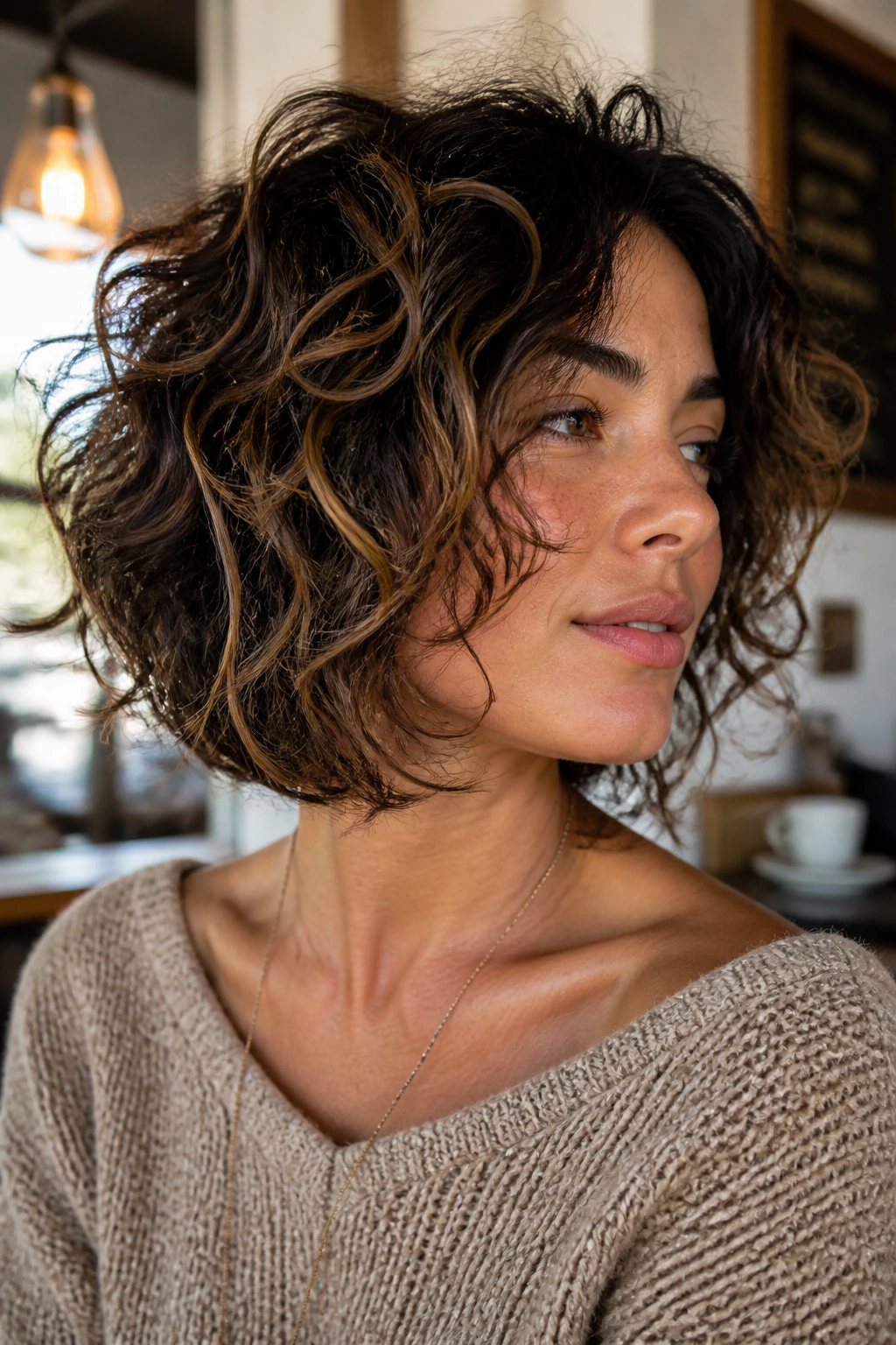 Close-up of real woman with grown-out tousled stacked bob and subtle babylights.