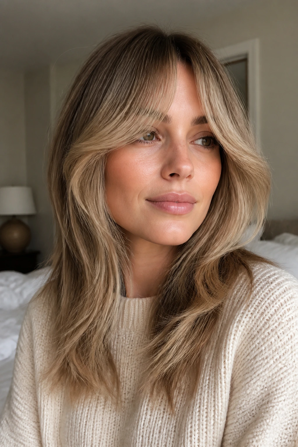 Close-up of a real woman with a grown-out swoop fringe.