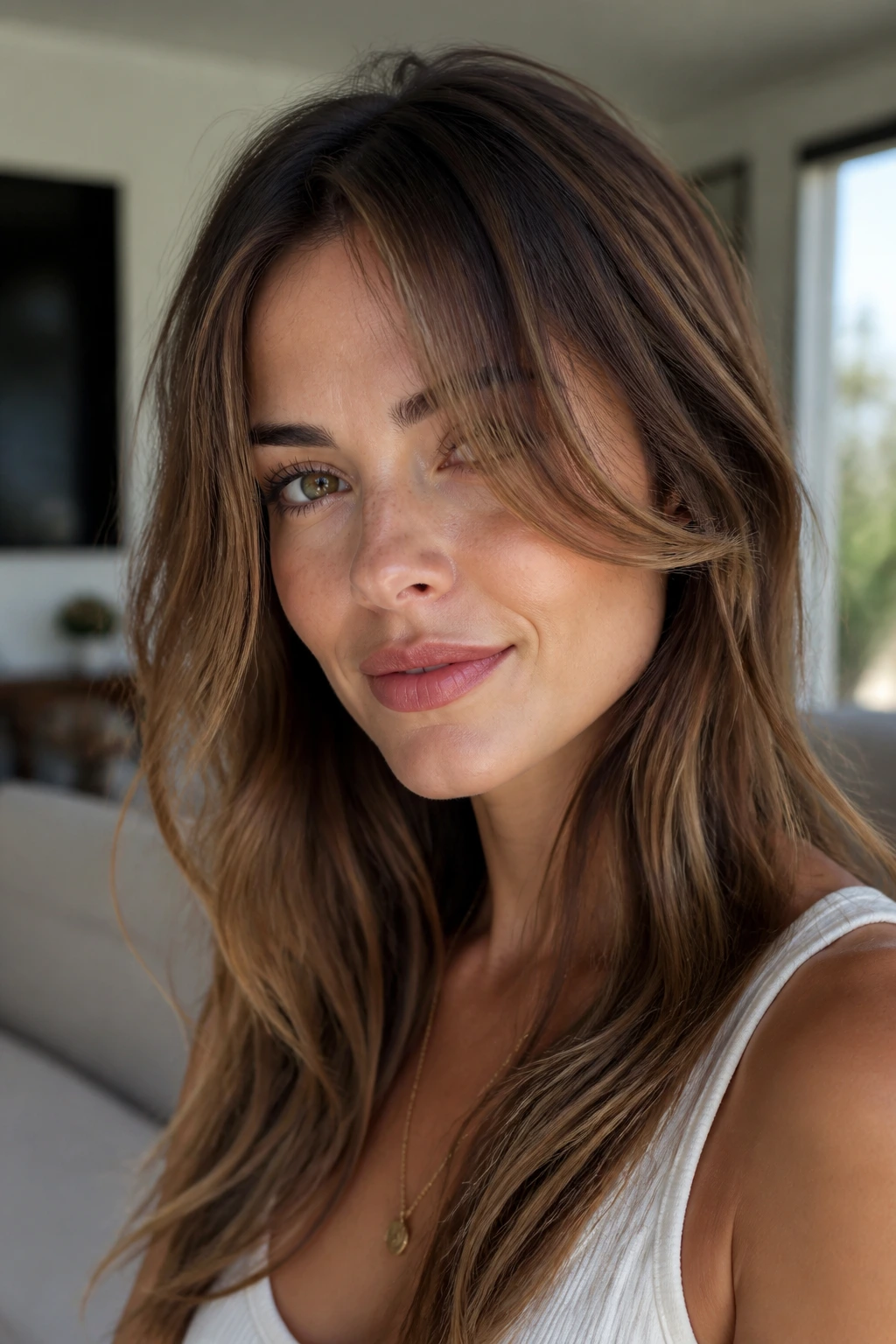 Close-up of a real woman wearing grown-out swoop bangs bending at the cheekbone