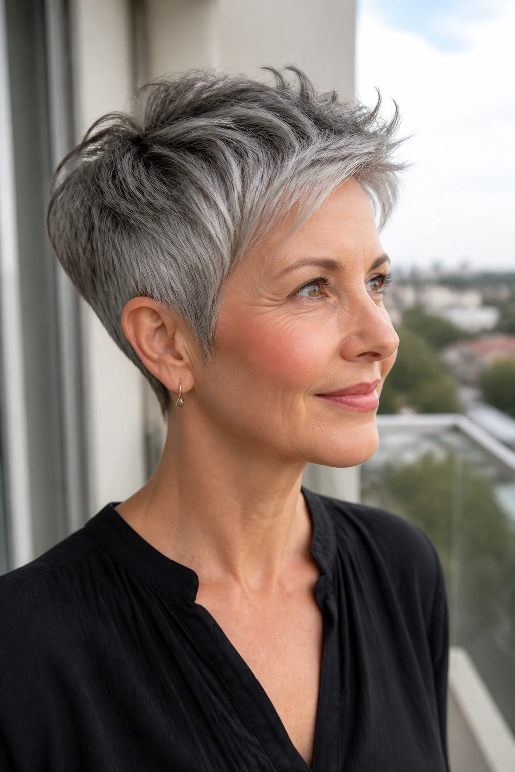 Close-up portrait of a real woman with grown-out taper pixie