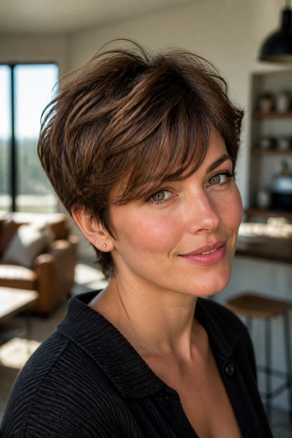 Close-up portrait of a real woman with a grown-out transitional pixie hairstyle