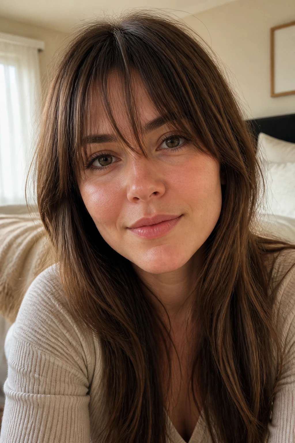 Real woman with grown-out wispy bangs in bright morning light