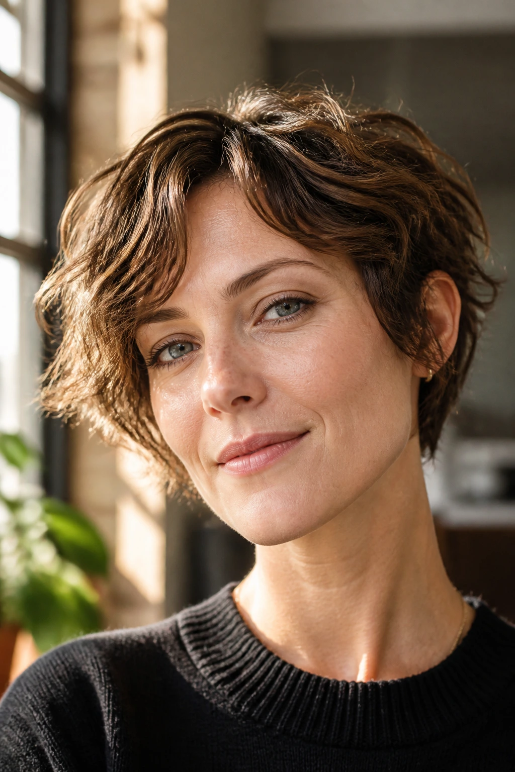 Real person with a growth-friendly short wavy haircut that holds shape as it grows out