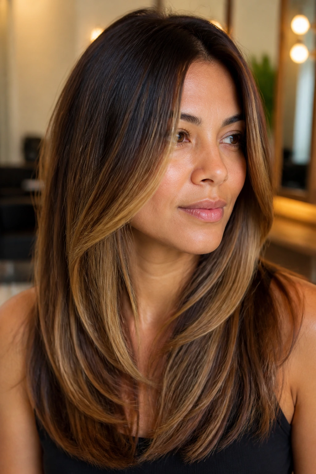 Portrait of a real woman with growth-friendly layers and seamless caramel blend