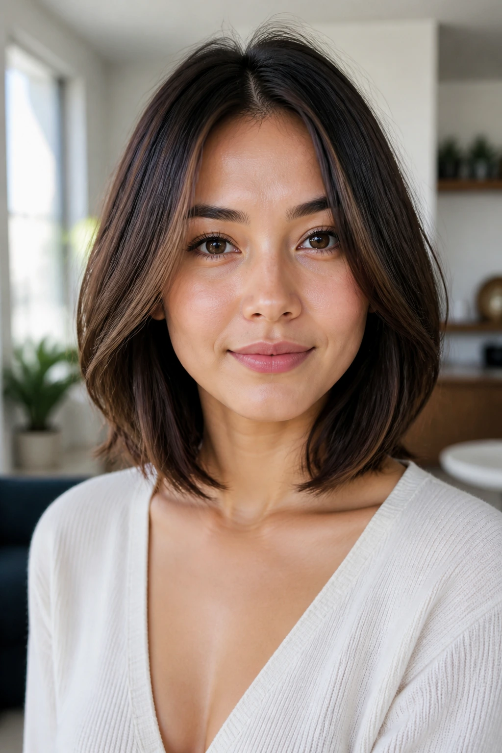 Portrait of a real woman with a collarbone-length growth-friendly transition lob