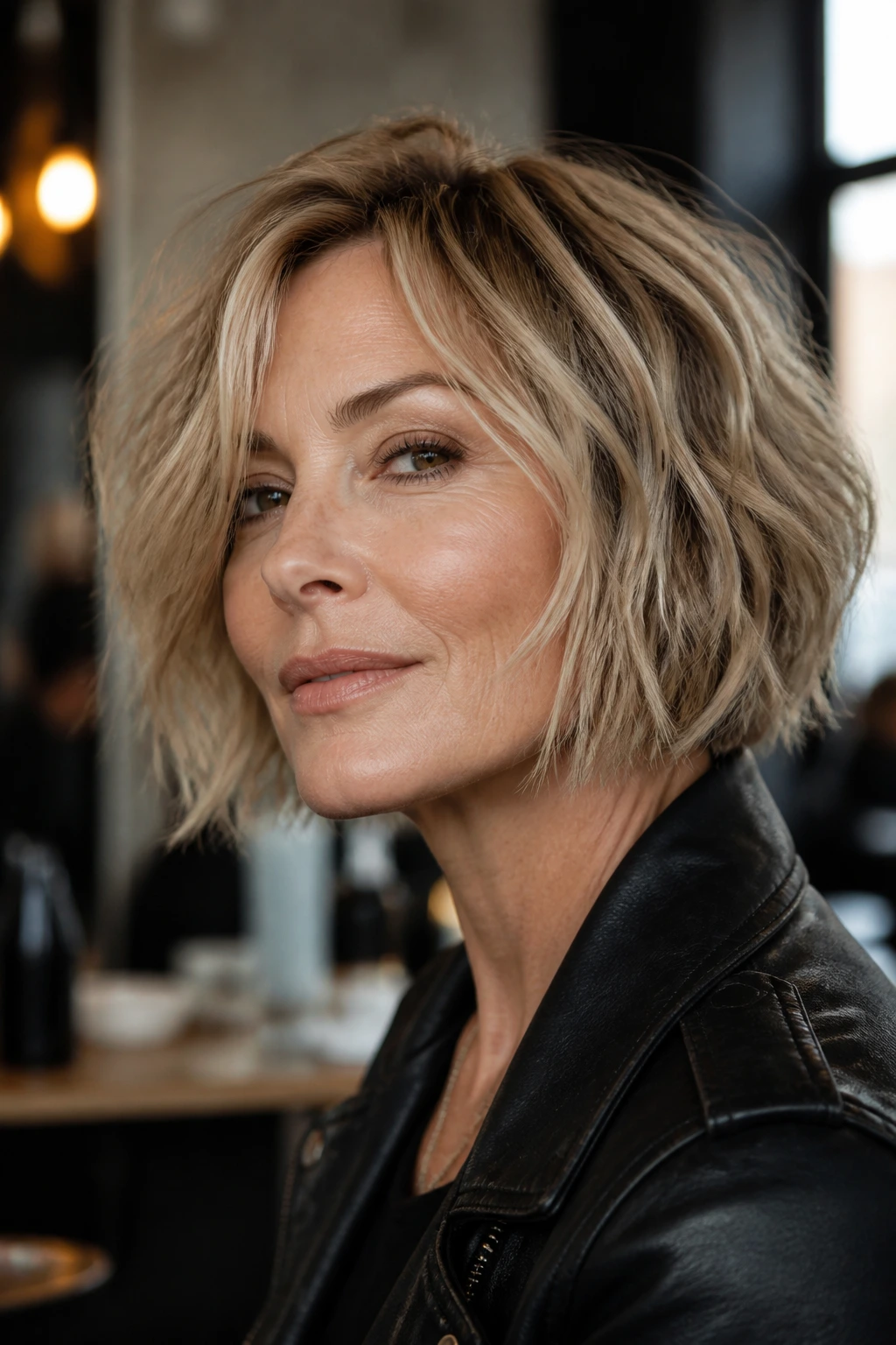 Close-up of a woman with a grunge textured bob