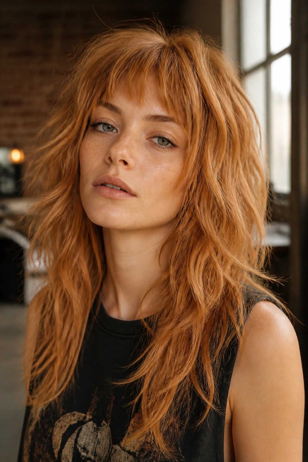 Real person with grungy choppy shag and broken fringe in strawberry blonde