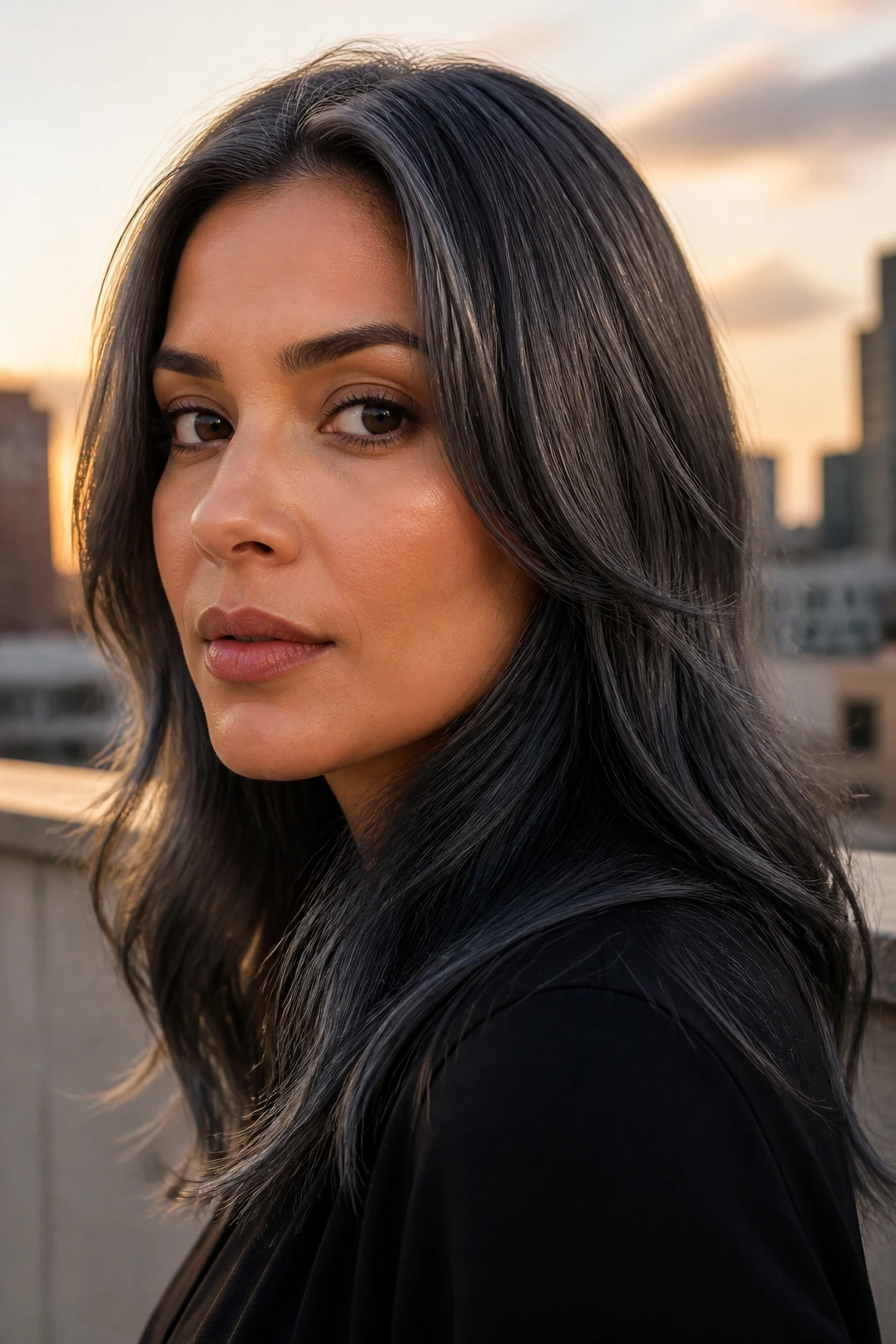 Portrait of a person with gunmetal grey gloss hair catching warm light.