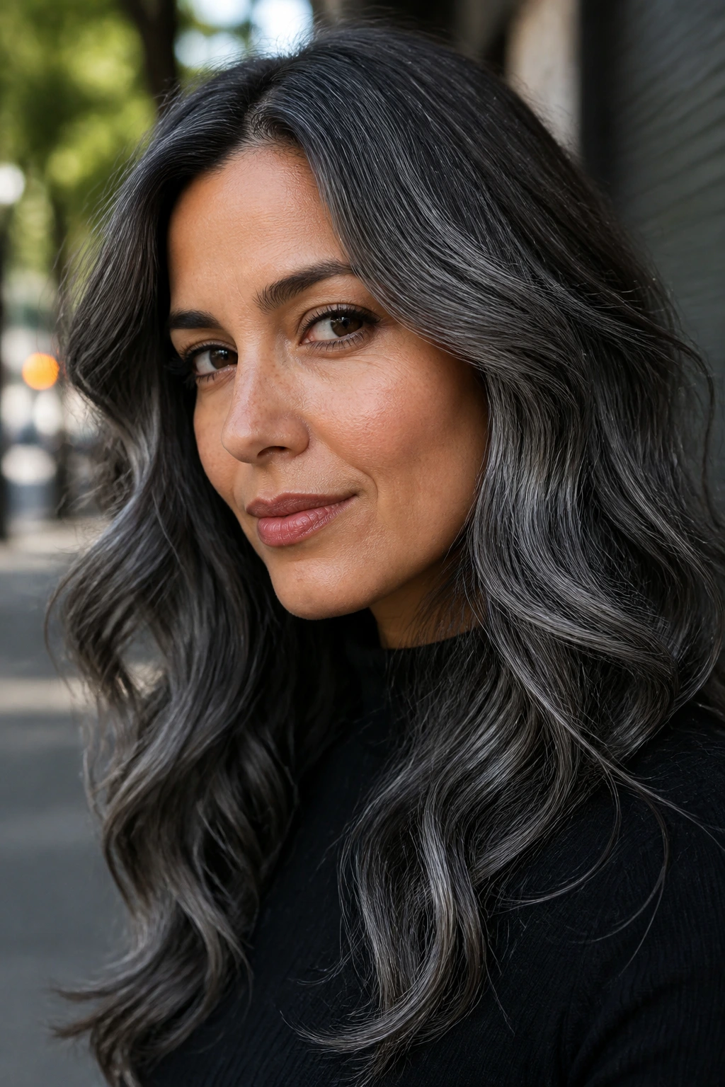 Close-up of a person with gunmetal gray hair in waves