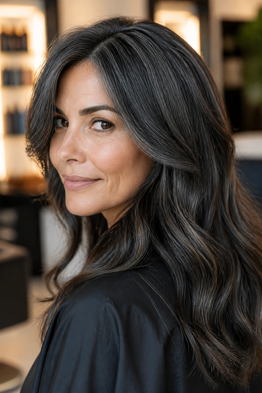 Close-up of woman with gunmetal hair and toffee lowlights