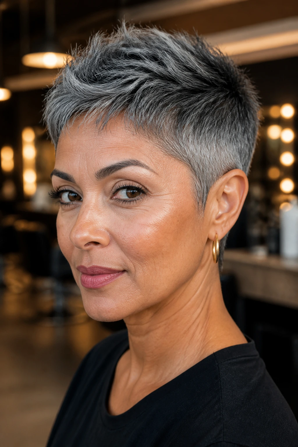 Close-up of a real woman with a gunmetal pixie crop in a modern salon