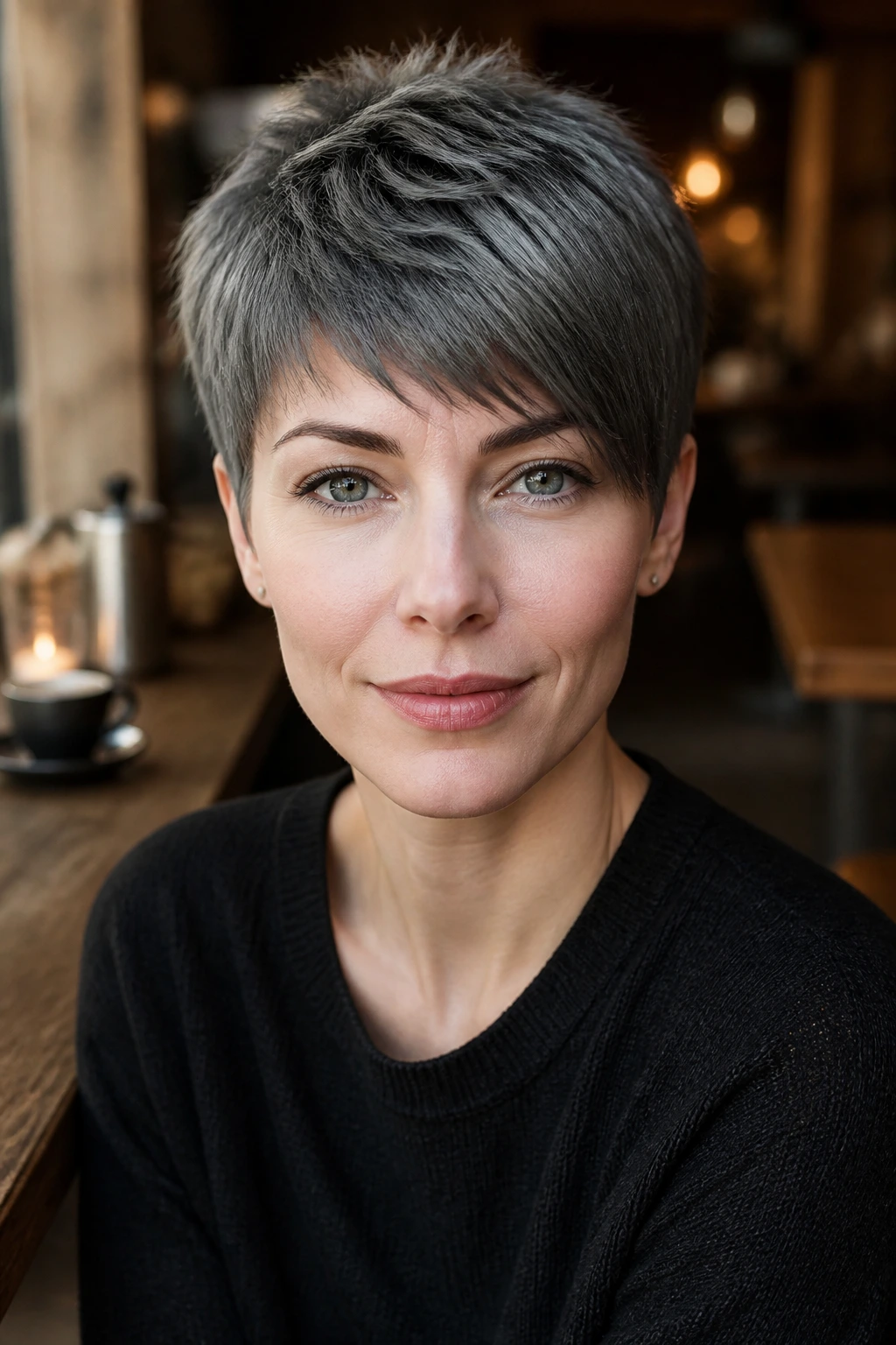 Real person with gunmetal pixie cut in warm cafe setting