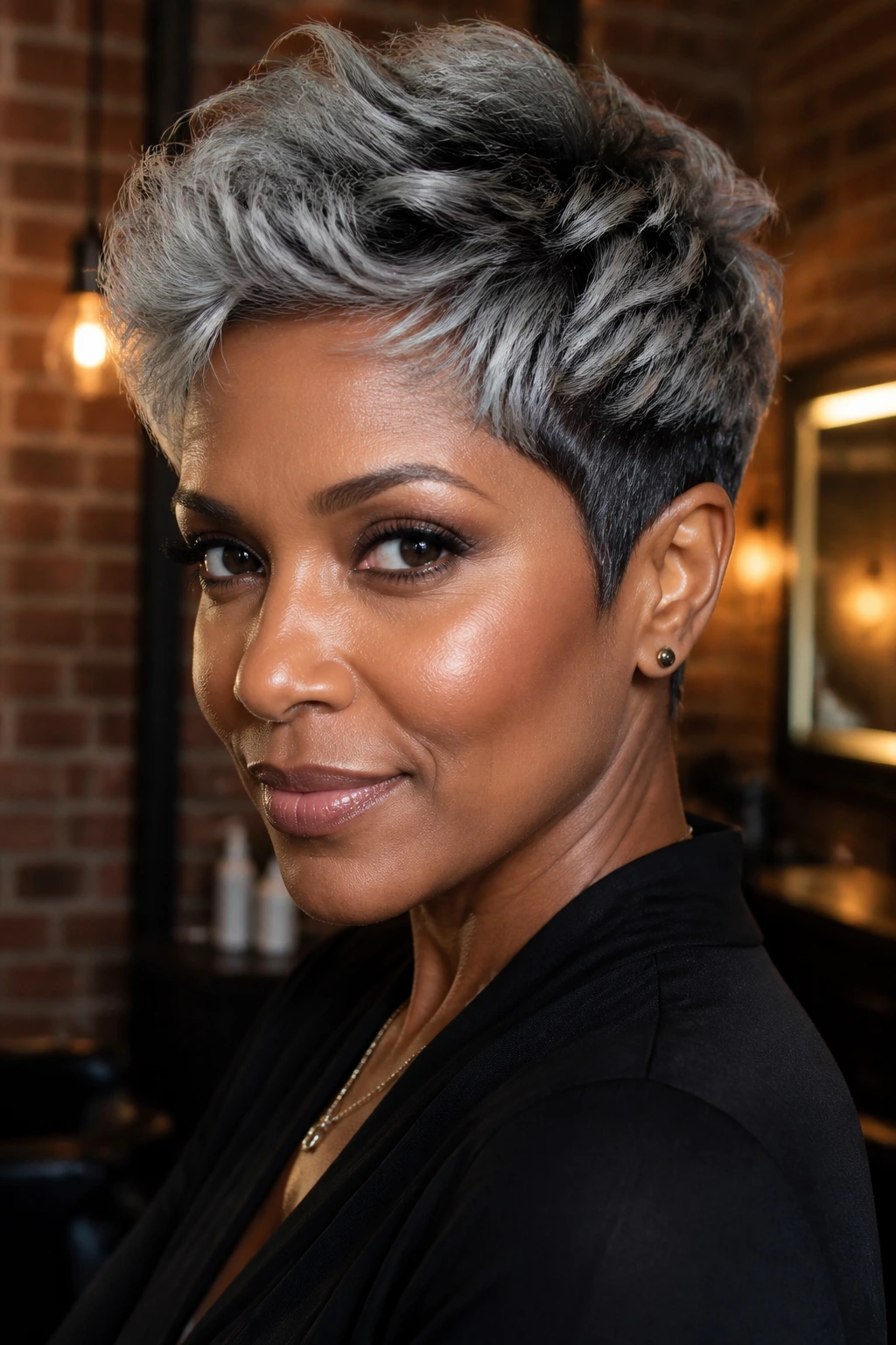 Portrait of a woman with a gunmetal pixie and dark lowlights