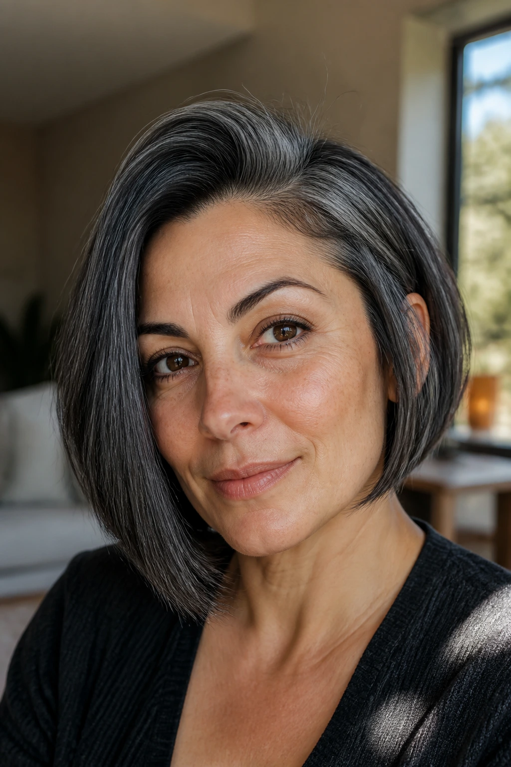 Close-up portrait of a real woman with a gunmetal side-part bob showing root lift and a chin-length silhouette