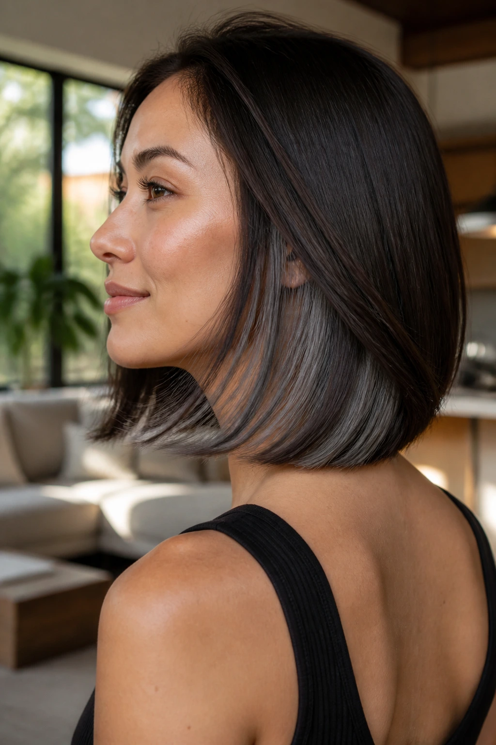 Close-up of a real woman with a sleek lob and gunmetal underlayer visible in motion.