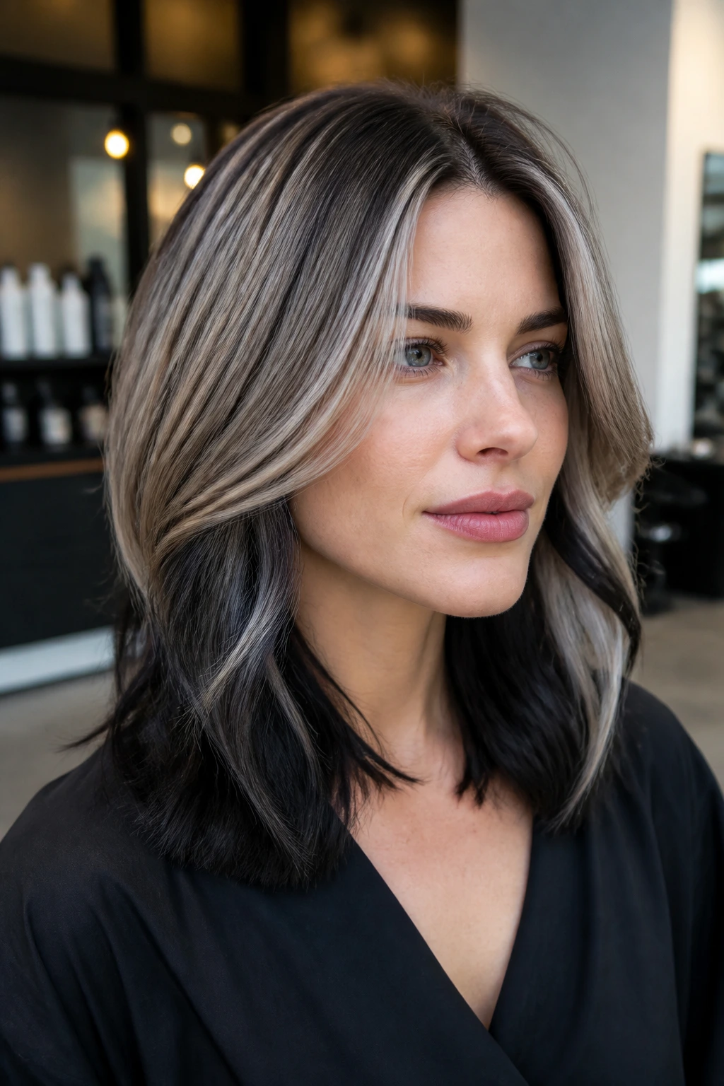 Portrait of a real person with gunmetal underlights adding depth to layered shoulder-length hair