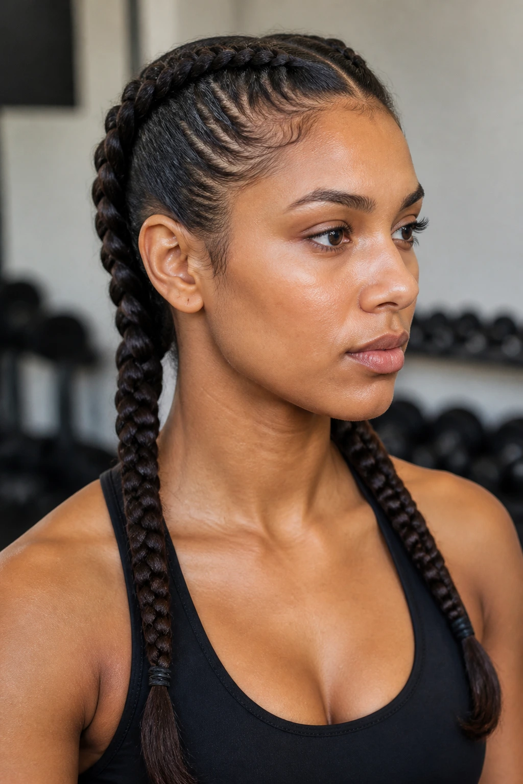 Close-up of gym-proof double braids on a real person