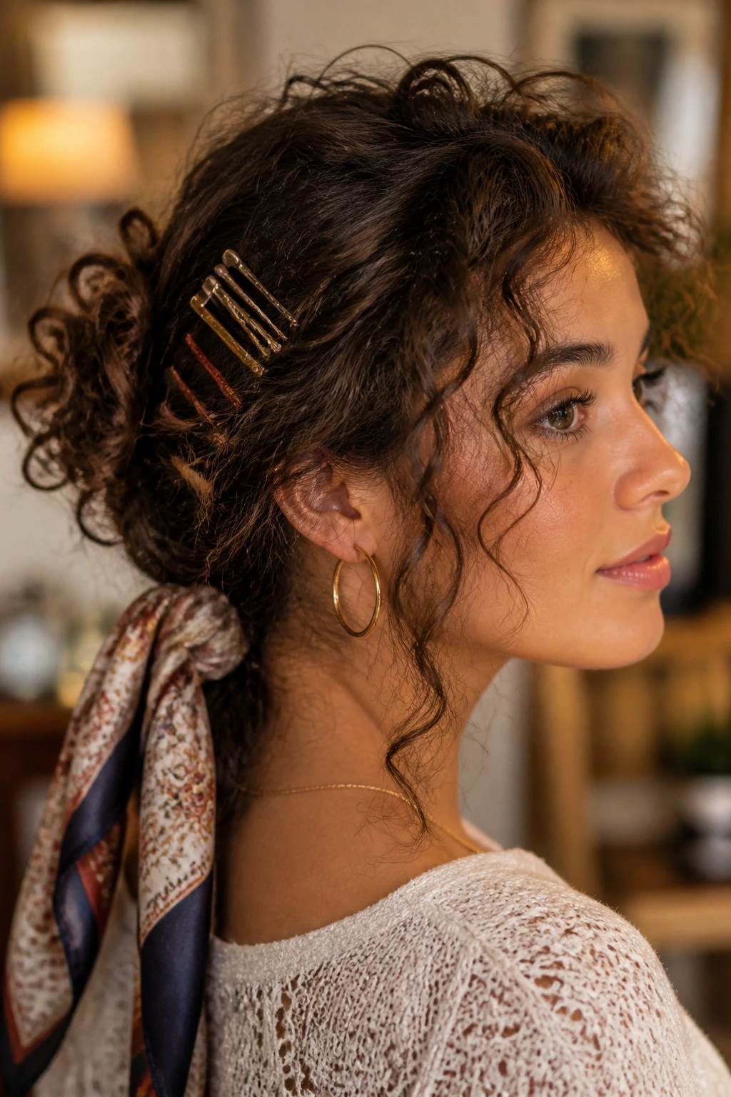 Real woman with long curls wearing scarf at nape with pins for lift.