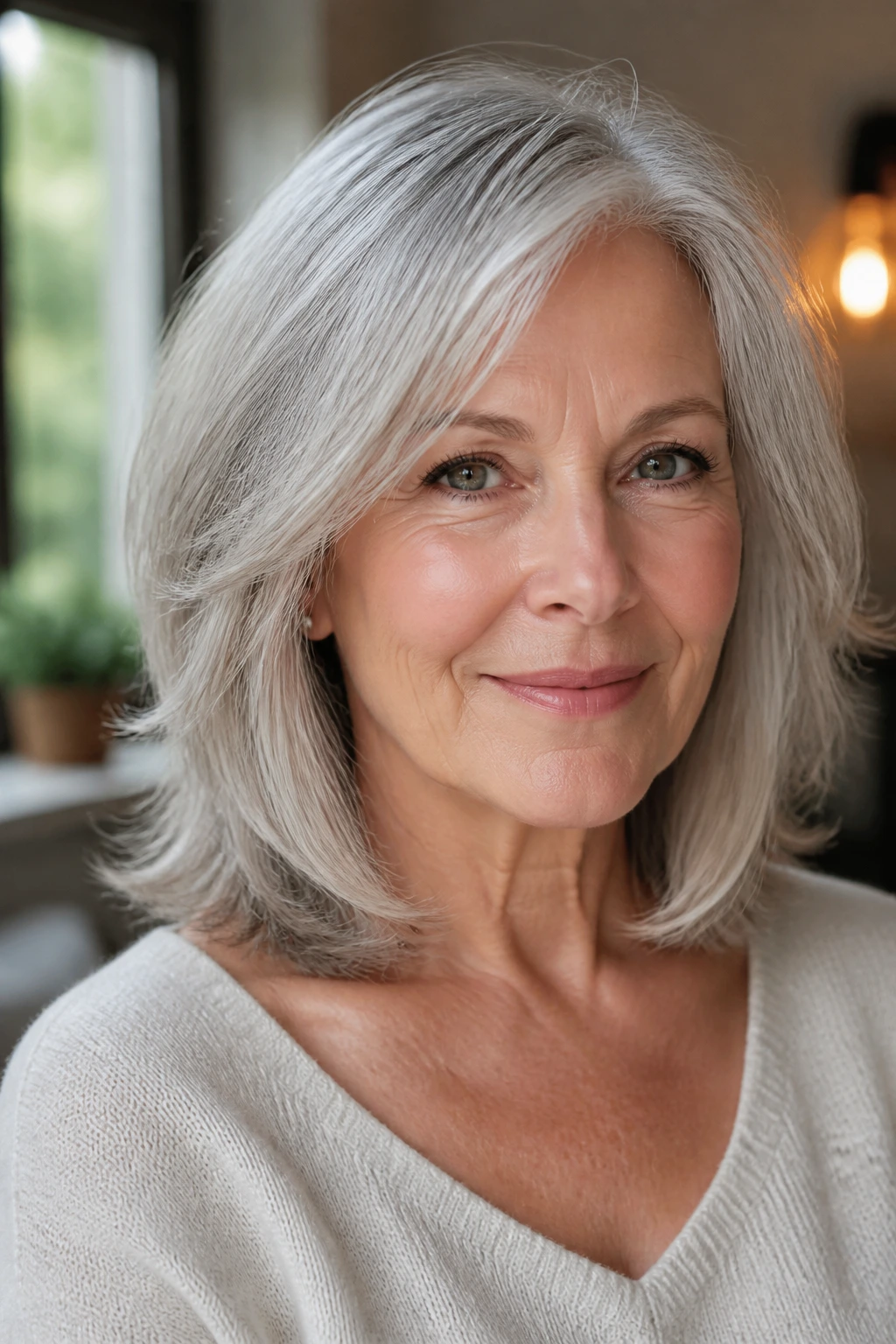 Close-up of a real woman with medium-length collarbone haircut and soft ends in natural light