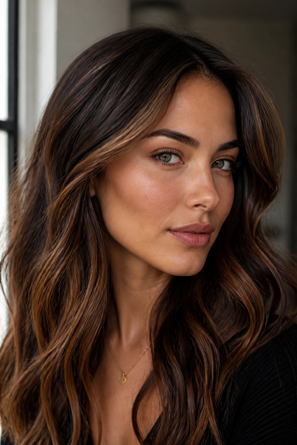 Portrait showing bronze contour highlights along cheekbones and temples on hair.