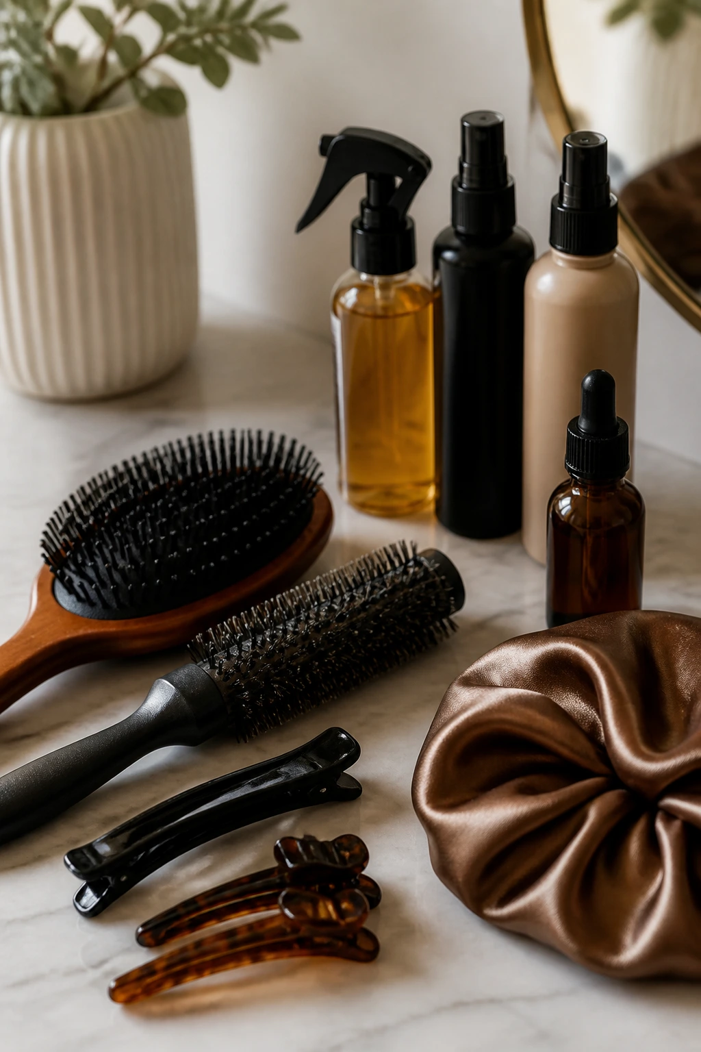 Curated set of hair brushes, clips, and products on a vanity