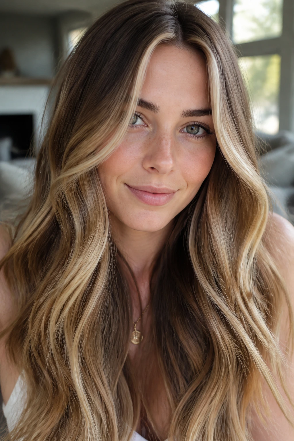 Close-up portrait of a real woman with beige-brown to honey caramel highlights framing the face