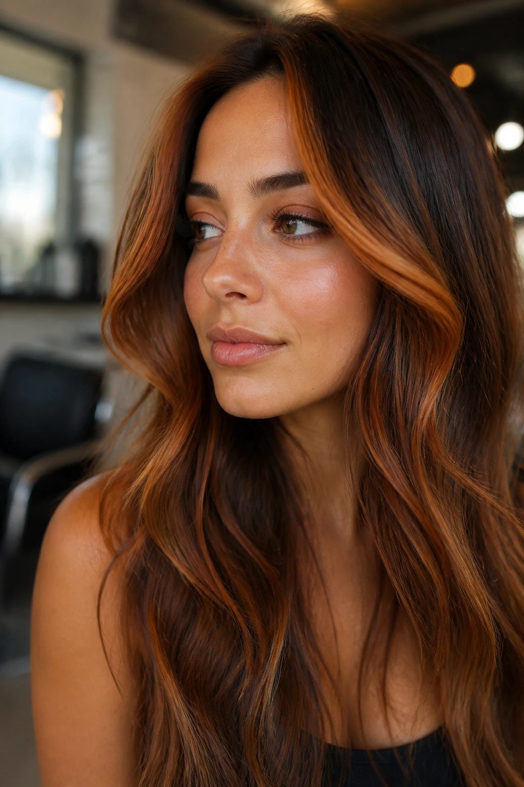 Portrait of a person with brunette hair displaying caramel and copper highlights in a salon setting.