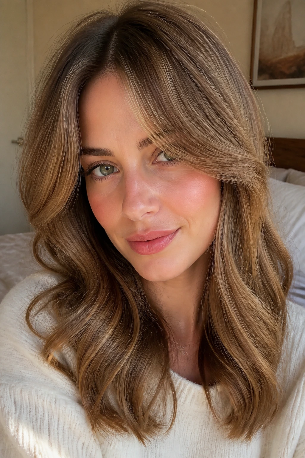 Close-up of a real woman with brown caramel highlights and curtain bangs in natural window light.