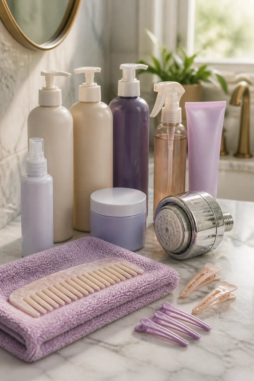Close-up of honey blonde hair care products on a bathroom counter, no text visible