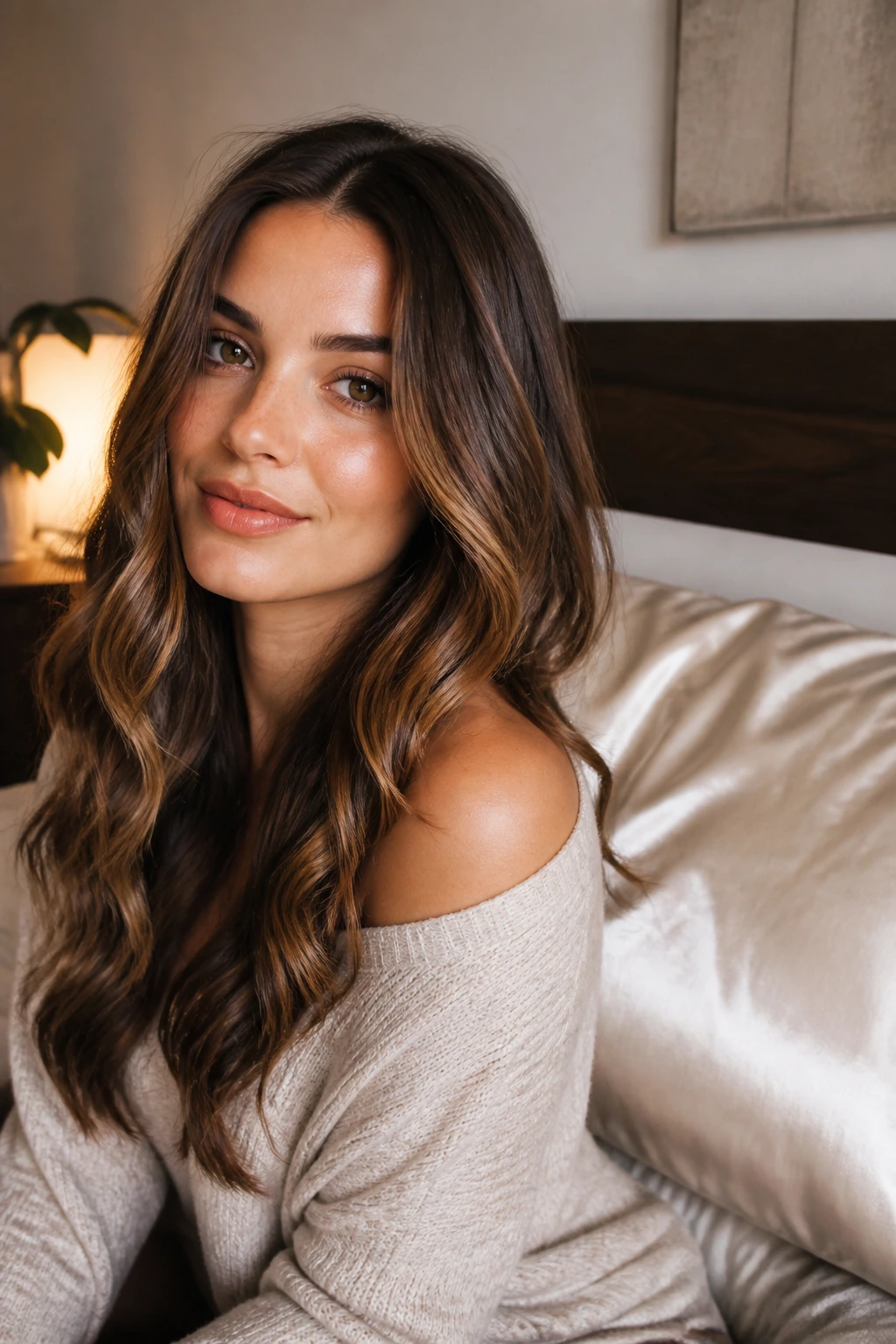 Portrait of a woman with thick waves in a bedroom with a silk pillowcase