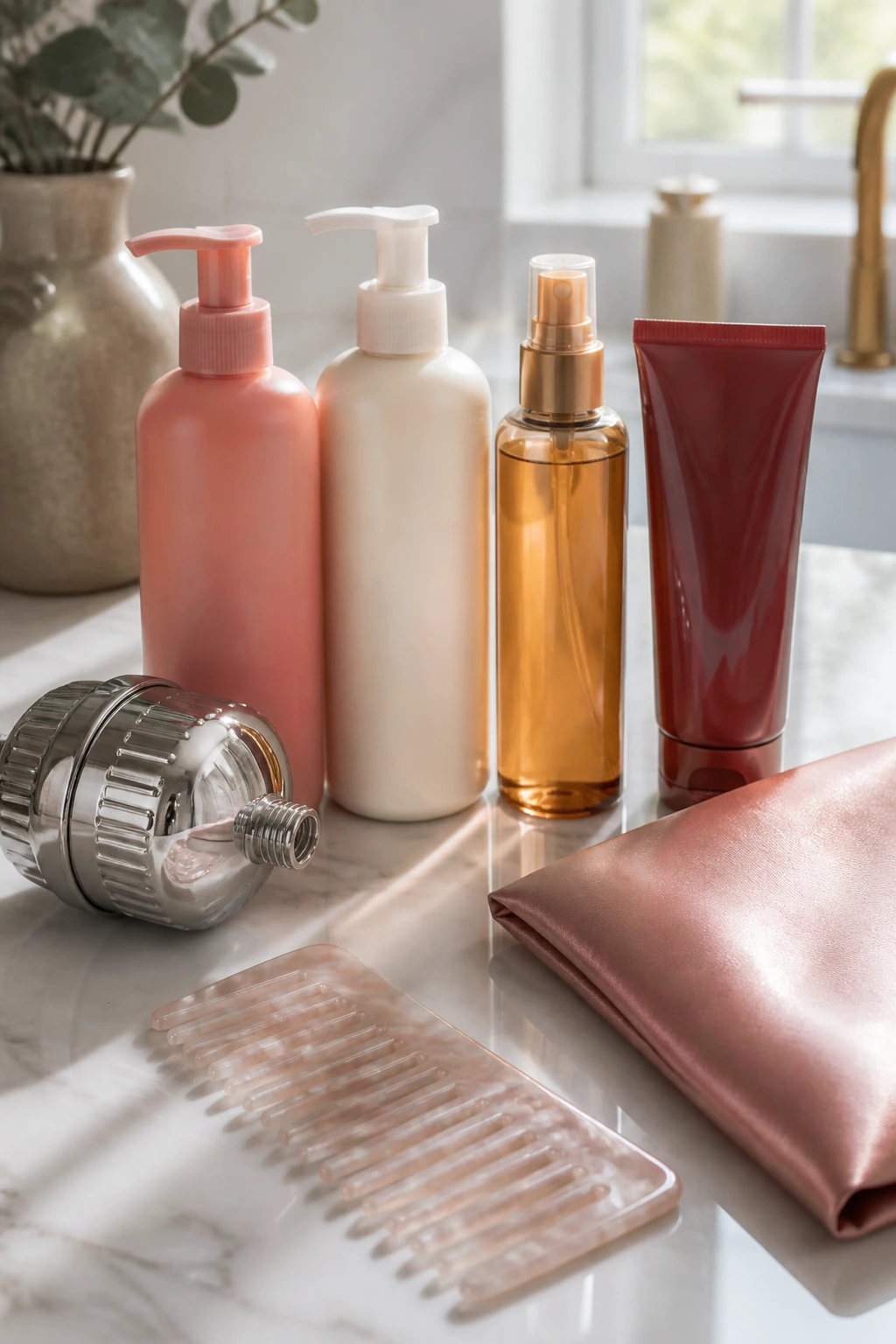 Still-life of strawberry hair care tools and products on a vanity.
