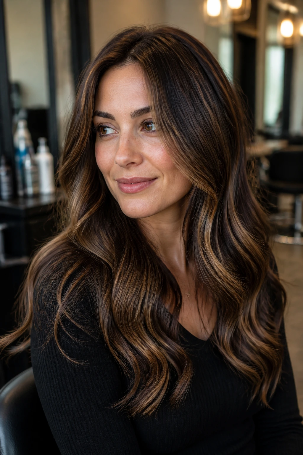 Real woman with glossy brunette hair in a salon setting