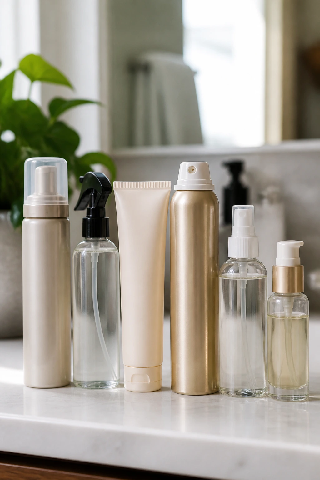Close-up lineup of hair care products for wavy medium hair on a bathroom shelf