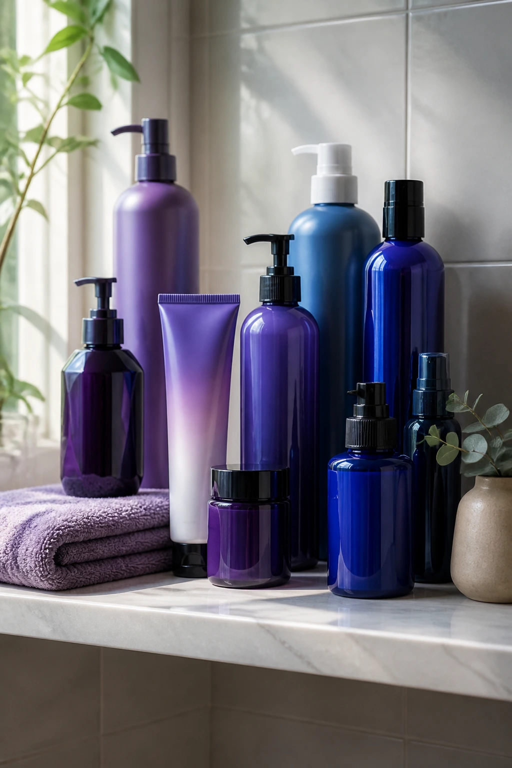 Bathroom shelf with purple and blue hair care bottles for upkeep