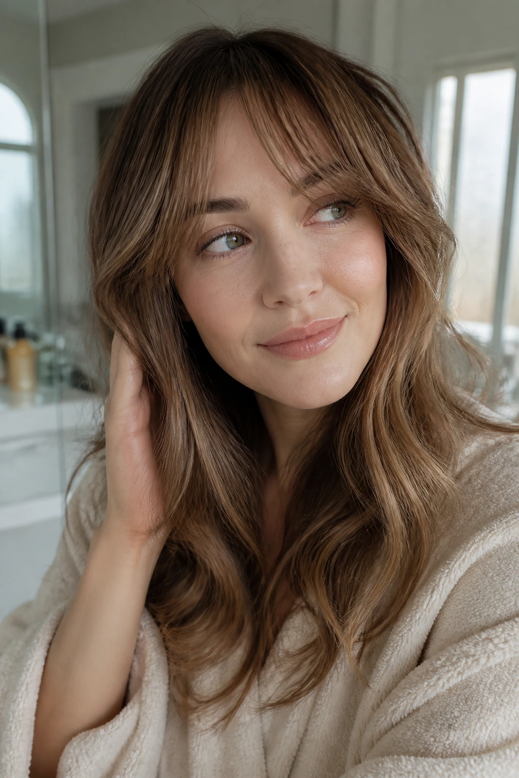 Close-up of a real woman with glossy caramel highlights in a bathroom setting.