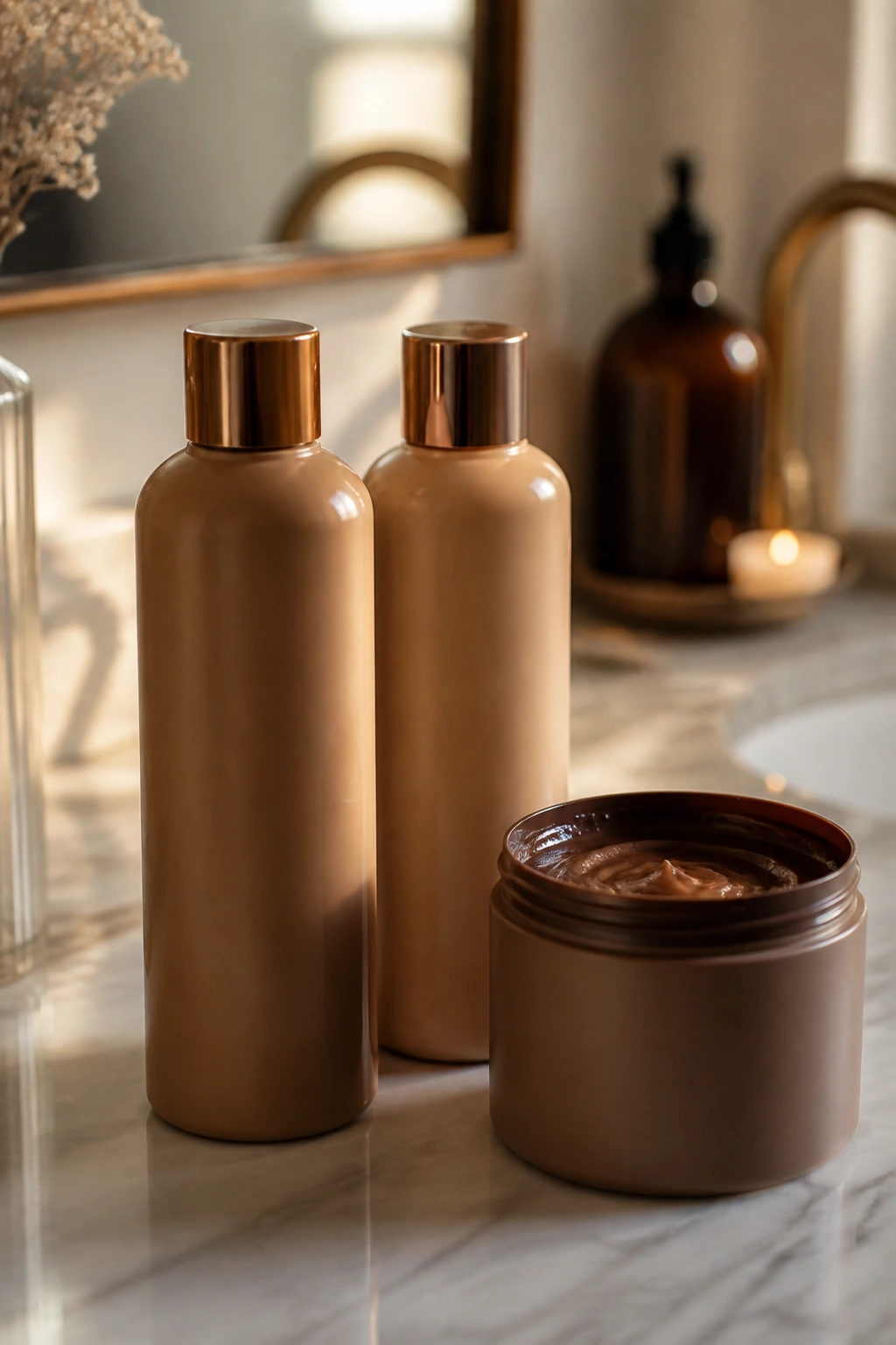Close-up of unlabeled hair care bottles and a color-depositing mask on a bathroom counter
