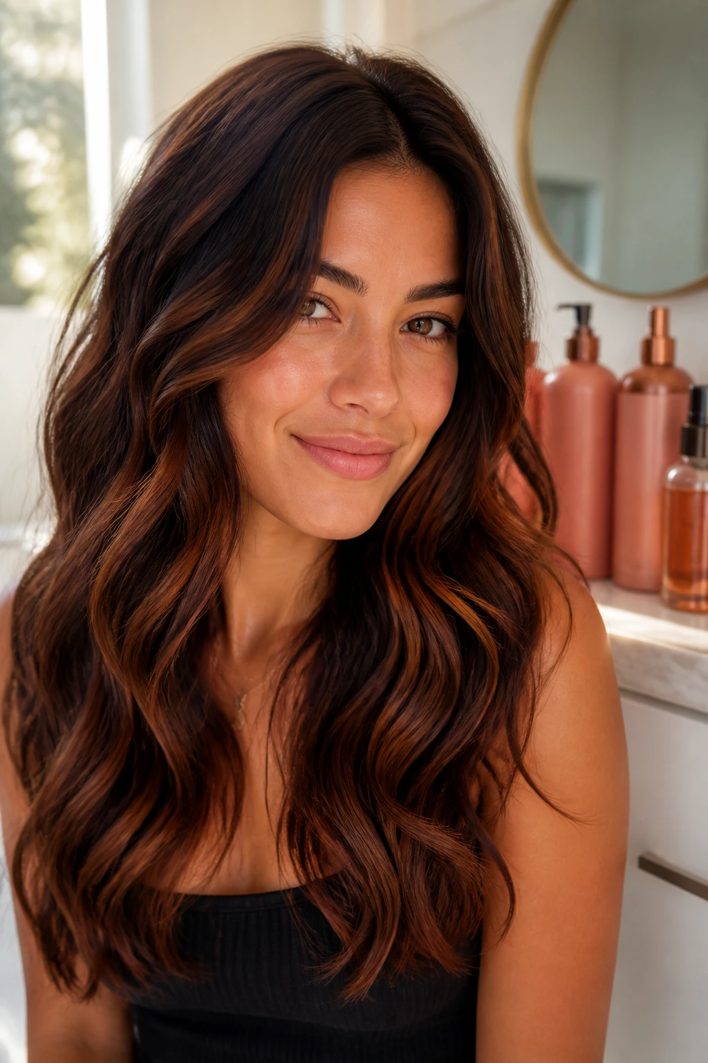 Real woman with vivid warm highlights and haircare products in background.