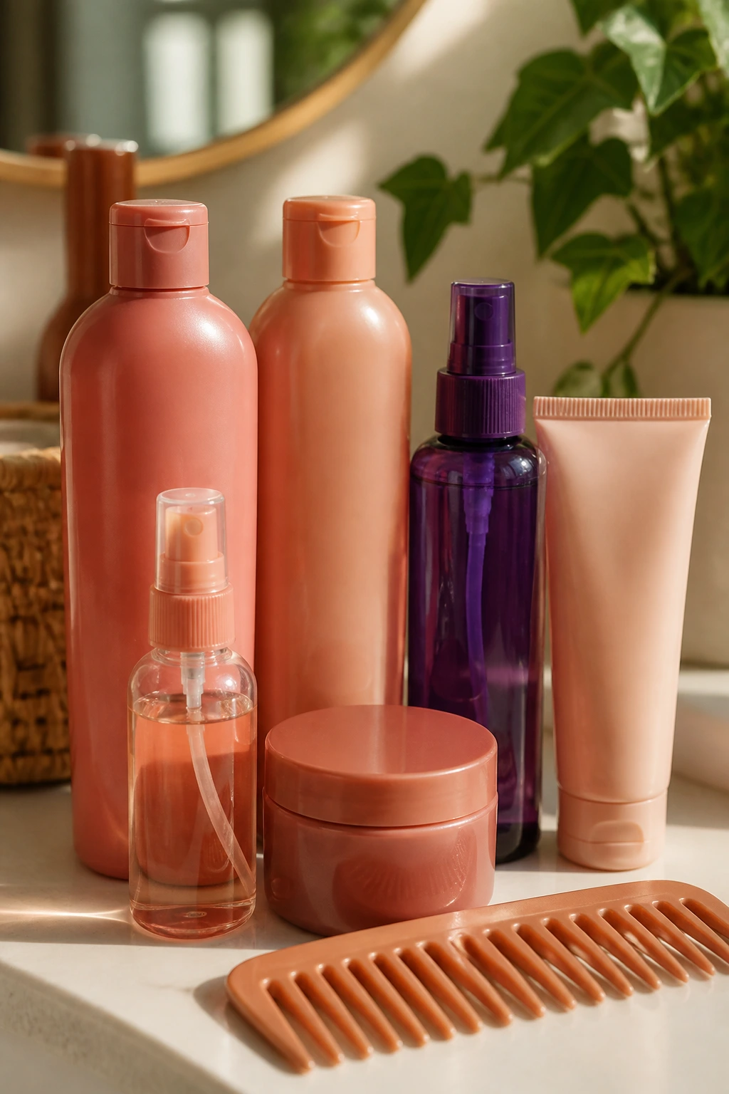Close-up of essential strawberry blond hair care products arranged on a counter