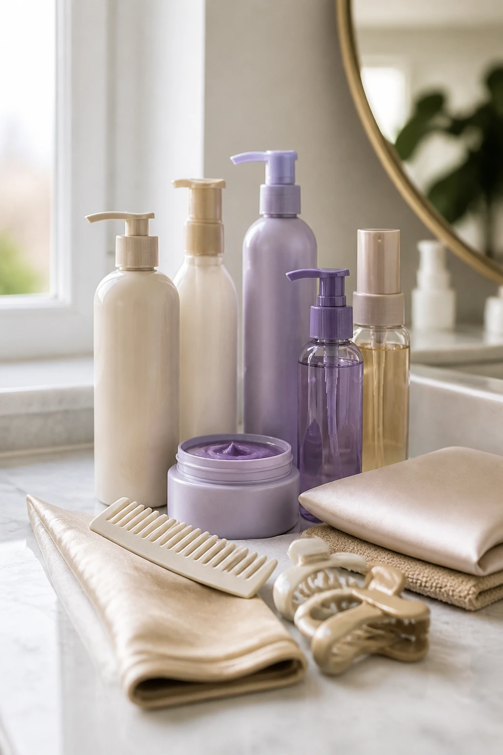 Group of hair care bottles on a vanity for shade maintenance
