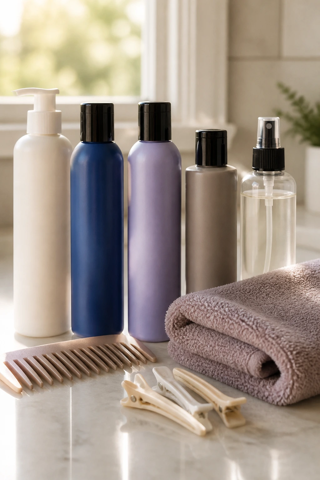 Still life of unlabeled haircare products and tools for soft caramel tone