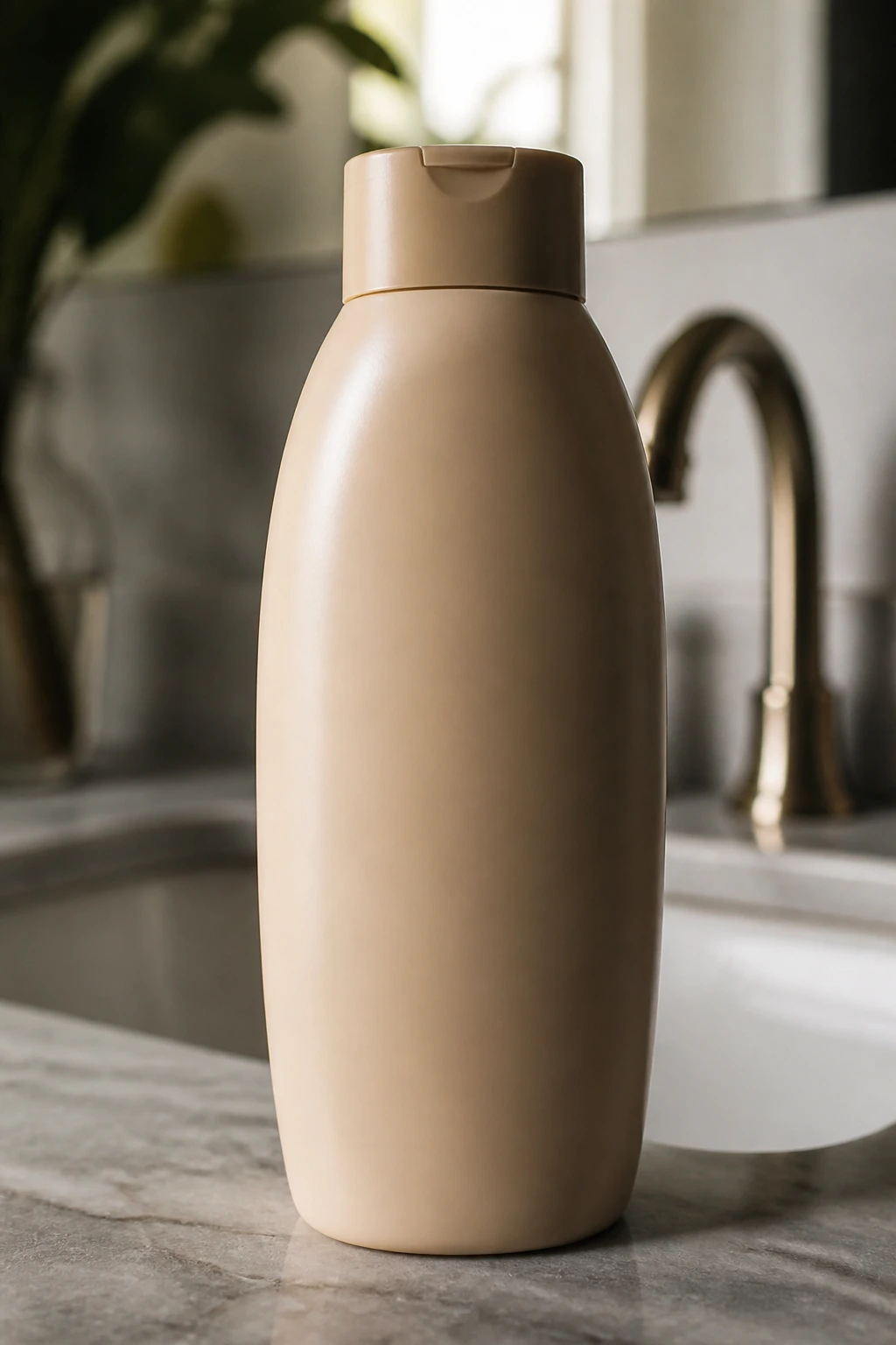 Close-up of an unlabeled shampoo bottle representing essential tools